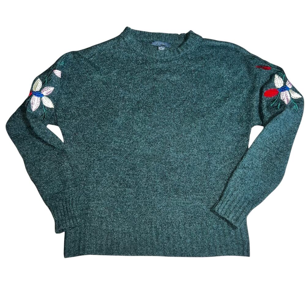 Primark green wool embroidered floral boho fall women's sweater size Medium